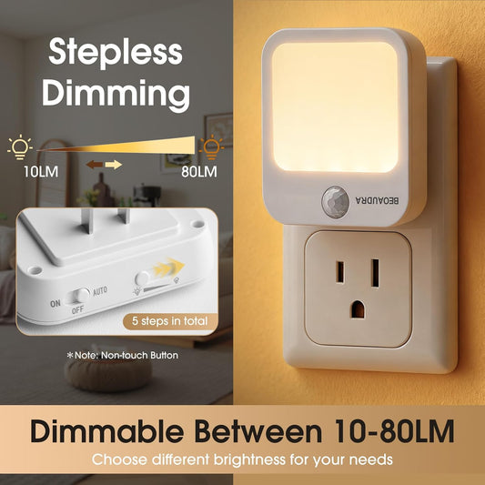 Motion Sensor Night Light Plug in, 5-Level Dimmable Warm White LED Night Light, Auto Motion Activated Ultra Slim Nightlights for Bedroom Bathroom Hallway Stairs, Energy Saving 0.5W, 2 Pack