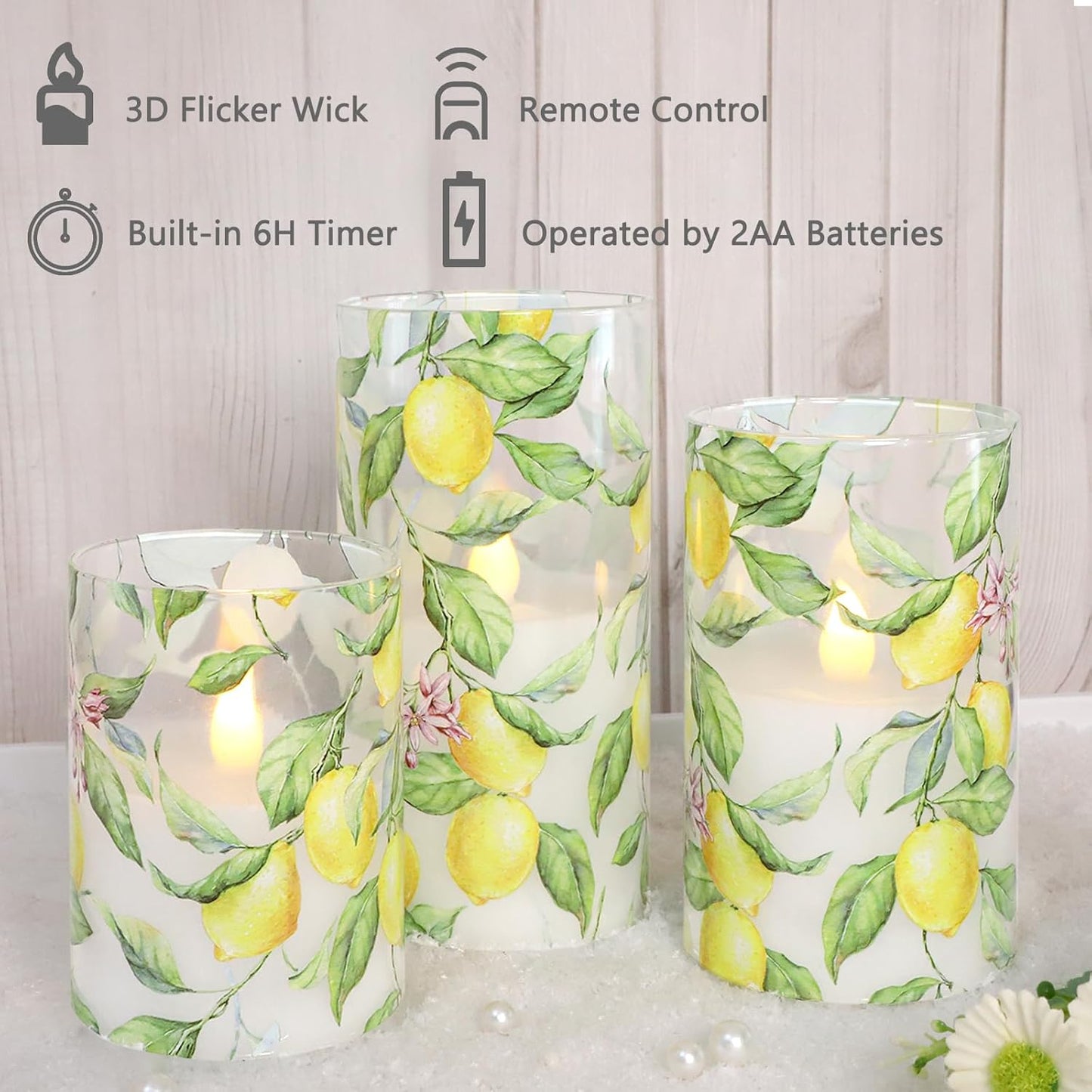 Glass Flameless Candles Flickering Battery Operated LED Pillar Candles Set of 3 with Timer and and 10-Key Remote Green Branch Floral Spring Summer Theme for Wedding Festival Home Decoration