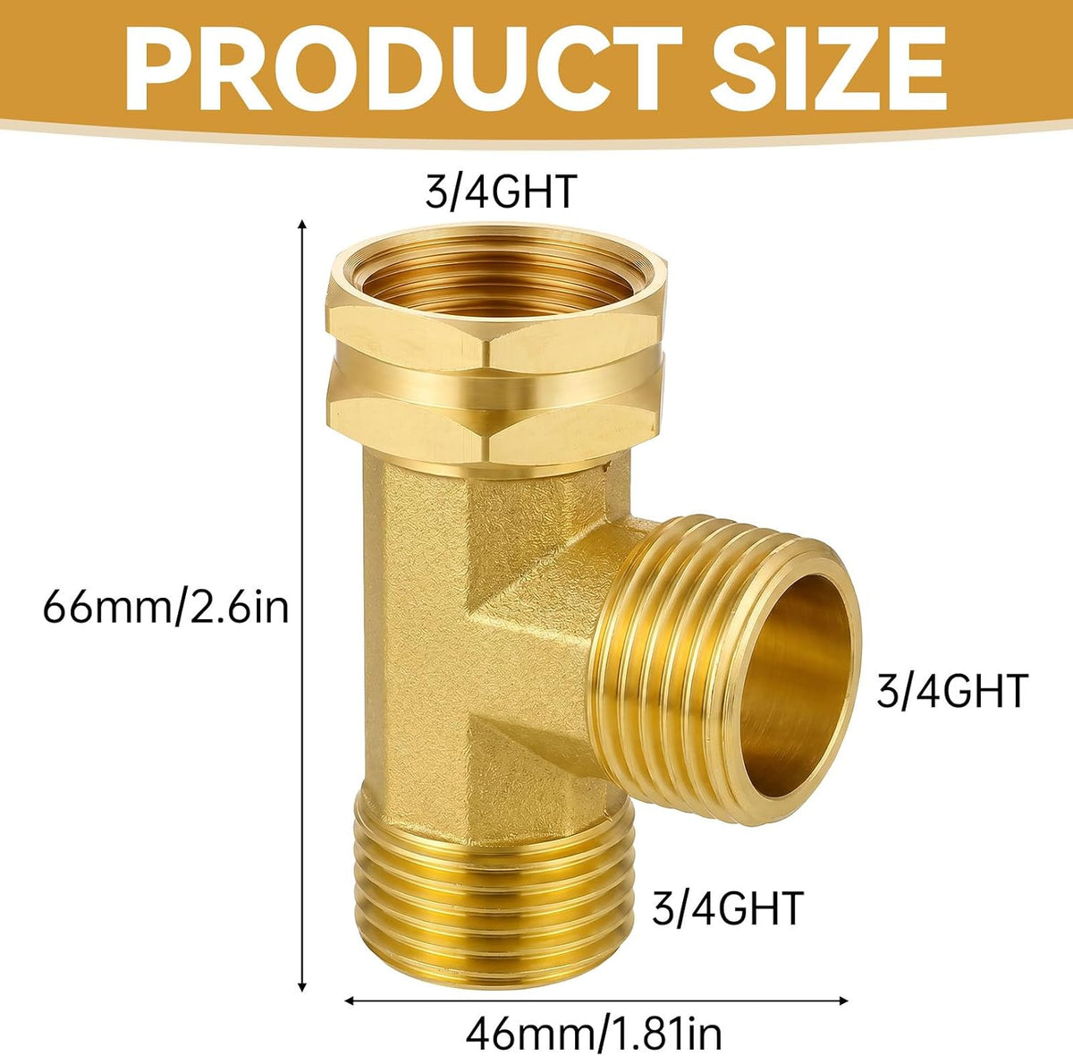 Garden Hose Tee Adapter, Brass Tee Fitting 3/4" GHT Swivel Female x Male x Male Water Pipe Connector Heavy Duty 3 Way Splitter T Shaped Adapter for Outdoor Faucet Hose Bib Drip Irrigation