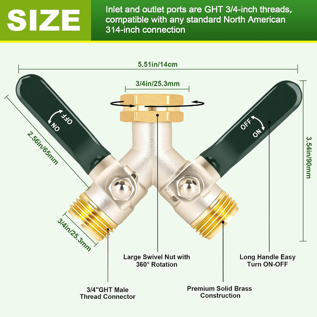 Hose Splitter 2 Way, Brass High Flow Garden Hose Splitter Heavy Duty, Hose Connector, Water Spigot Splitter, Full Flow Faucet Splitters with shutoff, 3/4” GHT Inlet