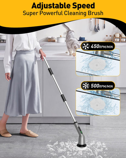 Shower Scrubber with Long Handle, Shower Cleaner Brush with 8 Floor Machine Pads, Cordless Electric Spin Scrubber for Cleaning with 2 Speed, Cleaning Supplies for Bathroom Bathtub Kitchen Floor Tile
