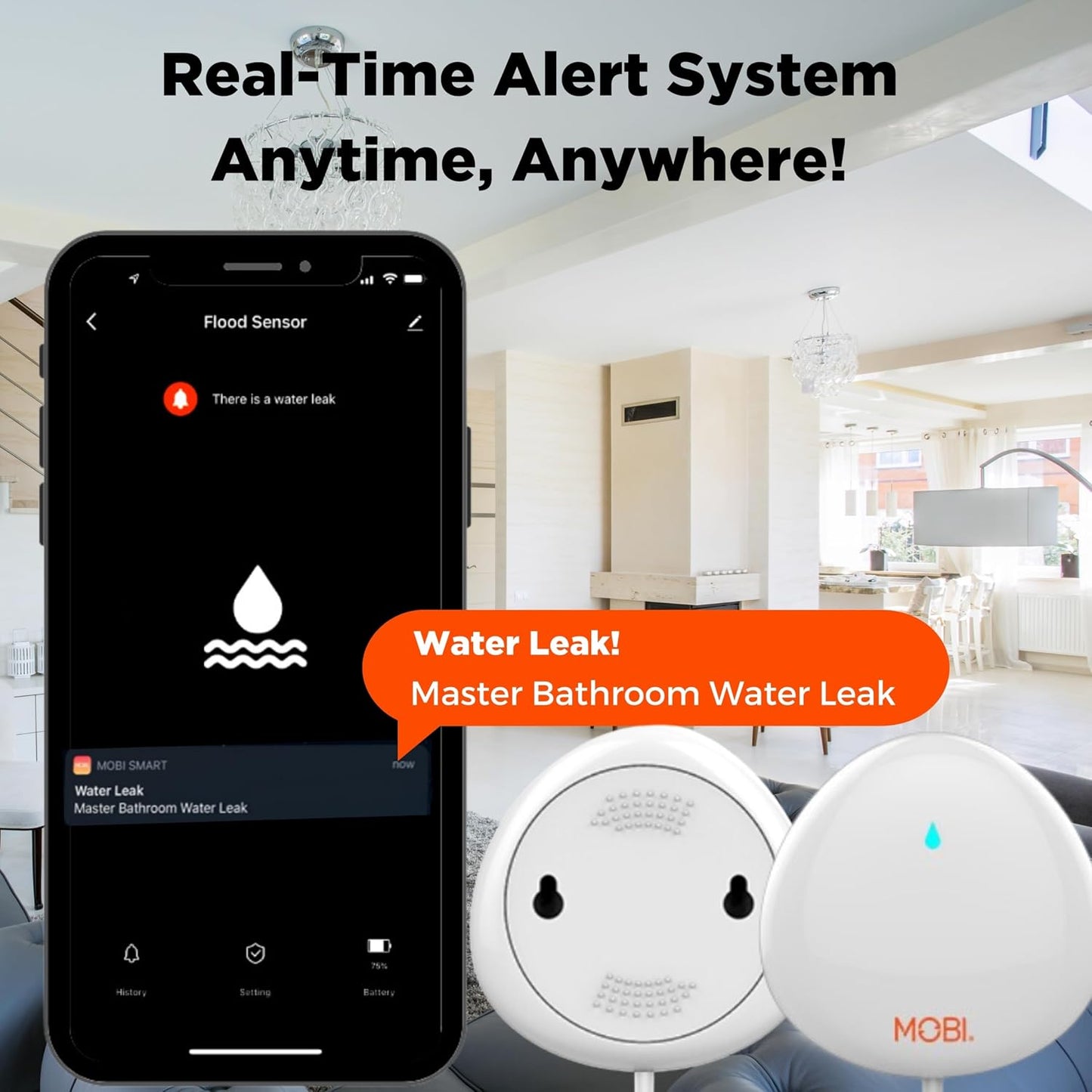 MOBI Smart Home 2.4GHz WiFi Water Leak Sensor, Water Sensor, Water Detector Alarm, Water Leak & Flood Detector, Smart Notification App, Expand with Cameras & Smart Home Devices (3-Pack)