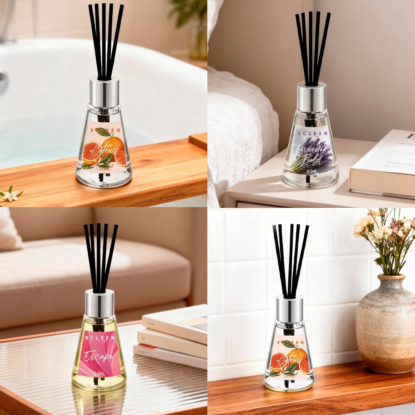 Xcleen 3 Pack Reed Diffuser, Scented Oil Diffuser with 15 Sticks, Escape/Vanilla/Moroccan Amber, Air Freshener for Bathroom & Office, Holiday Home Fragrance, Gift idea, Each 1.7Fl Oz, Total 5.1Oz