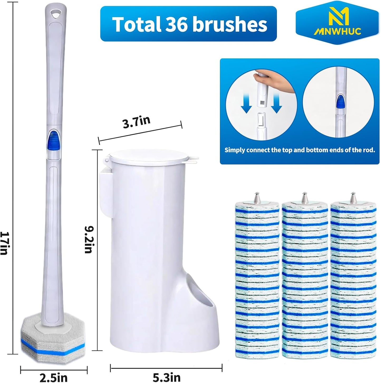 Disposable Toilet Bowl Brush with 36 Toilet Wand Refills Pads Replacement Heads, Toilet Cleaning Stick,Toilet Bowl Cleaner Wands Holder and Set, Toilet Cleaning System Starter Kit
