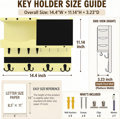 Key Holder for Wall Mount with Shelf and Mail Organizer, Key and Mail Holder with 16 Hooks, Farmhouse Entryway Organizer, Home Decor Rack (Pine Wood, Black)