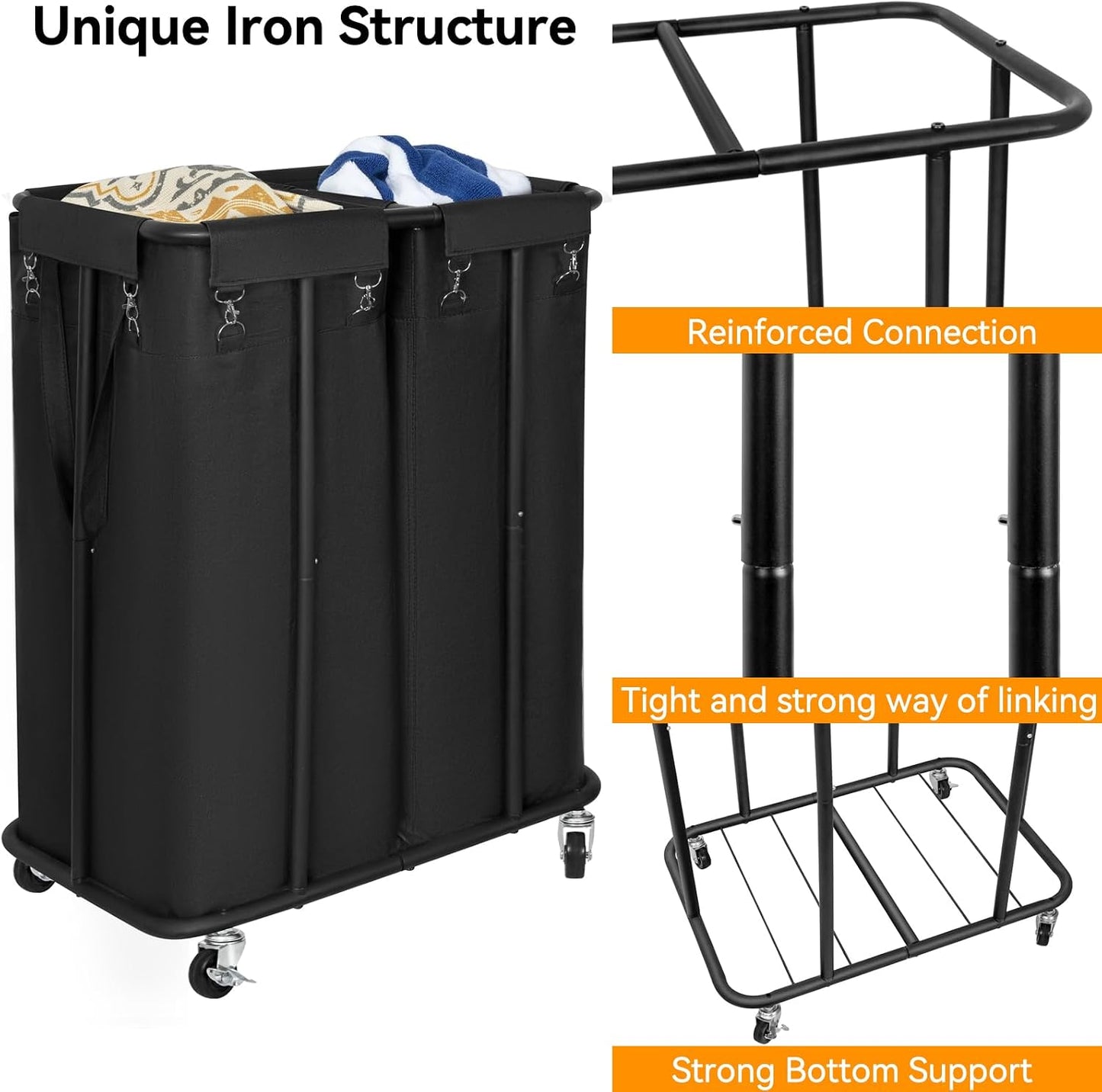 WOWLIVE Laundry Hamper with Wheels 260L Rolling Laundry Basket 3 Section Organizer Laundry Cart with Steel Frame and Removable Bags Large Dirty Clothes Hamper Dorm Room Storage for Bedroom