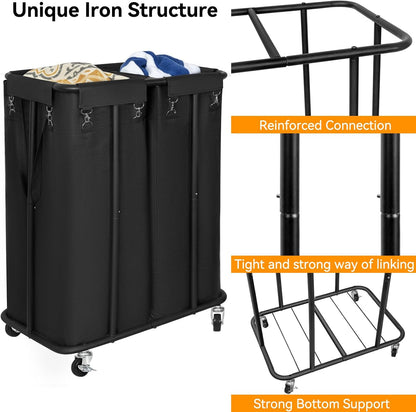 WOWLIVE Laundry Hamper with Wheels 260L Rolling Laundry Basket 3 Section Organizer Laundry Cart with Steel Frame and Removable Bags Large Dirty Clothes Hamper Dorm Room Storage for Bedroom