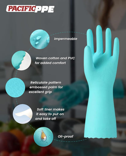 PACIFIC PPE 2 Pairs Reusable Dishwashing Cleaning Gloves with Latex Free, Cotton Lining, Kitchen Gloves, Blue, Medium