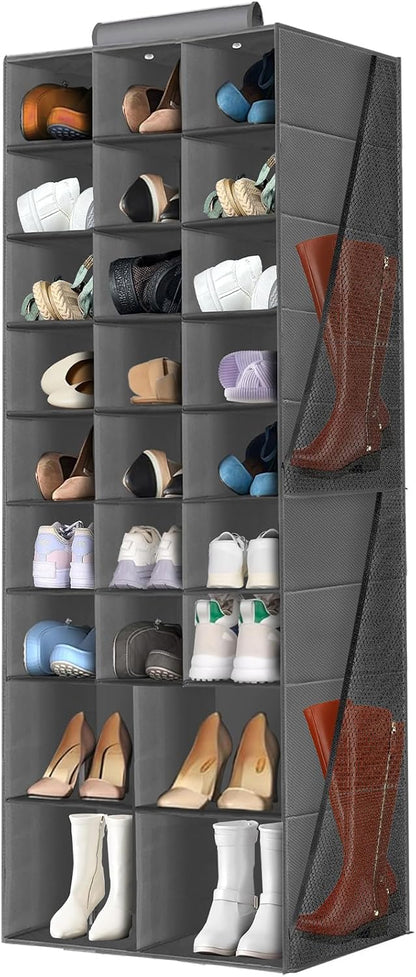 Hanging Shoe Organizer for Closet with 8 Shelves,Mesh Pockets-Wider Hanging Shelves for Shoes,Clothes,Hats with Sturdy Bamboo-Supported Design (Beige)