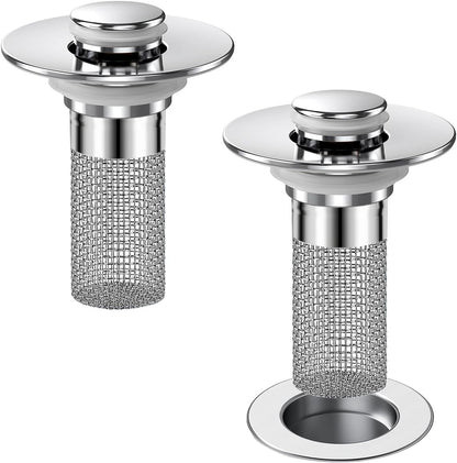 Bathroom Sink Drain Strainer, Pop-up Sink Stopper Hair Catcher with Removable Stainless Steel Filter Basket,Universal Drain Plug Filter Replacement for Bathroom Shower Sink Stopper(2Pcs)