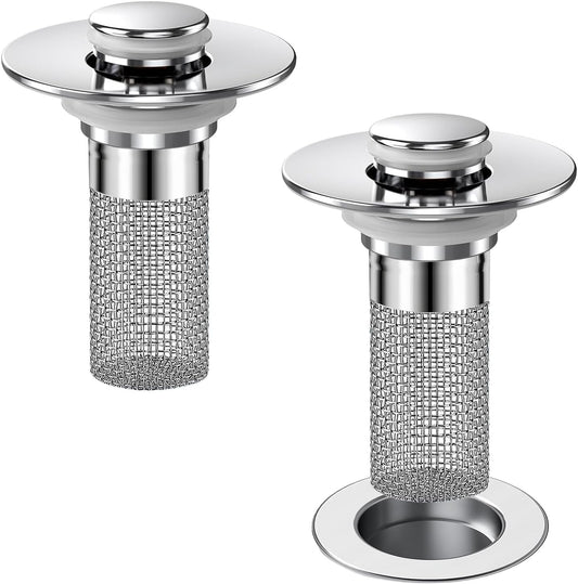 Bathroom Sink Drain Strainer, Pop-up Sink Stopper Hair Catcher with Removable Stainless Steel Filter Basket,Universal Drain Plug Filter Replacement for Bathroom Shower Sink Stopper(2Pcs)