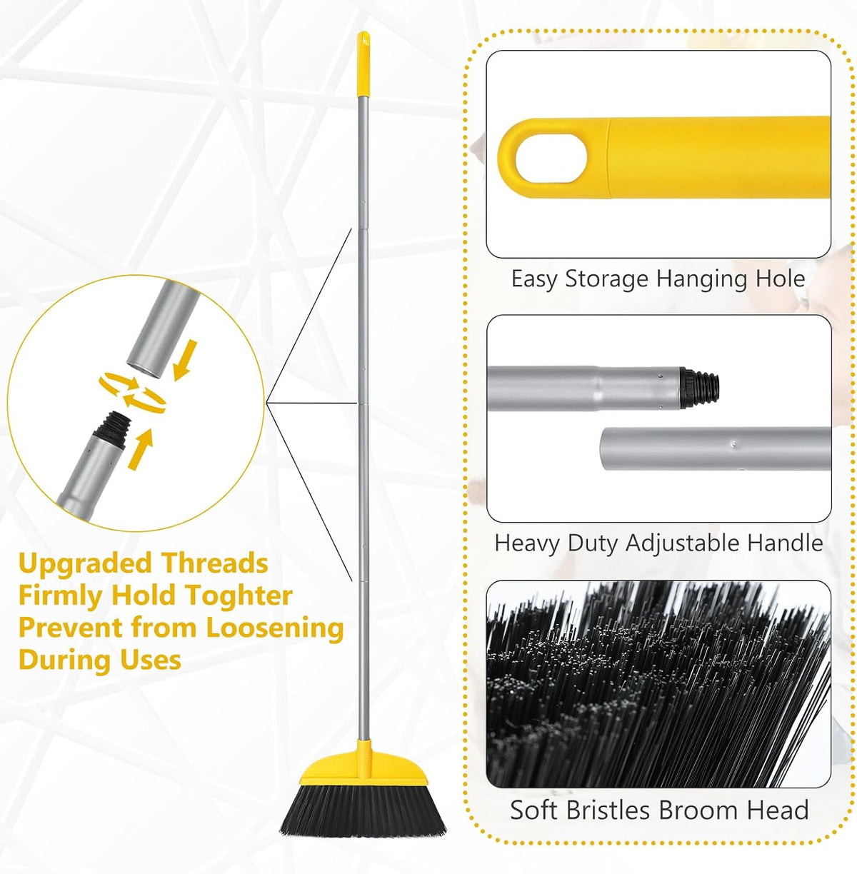 Indoor Broom for Floors 55” Soft Bristle Brooms for Sweeping Indoor/Outdoor to Clean Kitchen, Lobby, Office, Hardwood, Tile, Concrete, Patio, Deck-Yellow