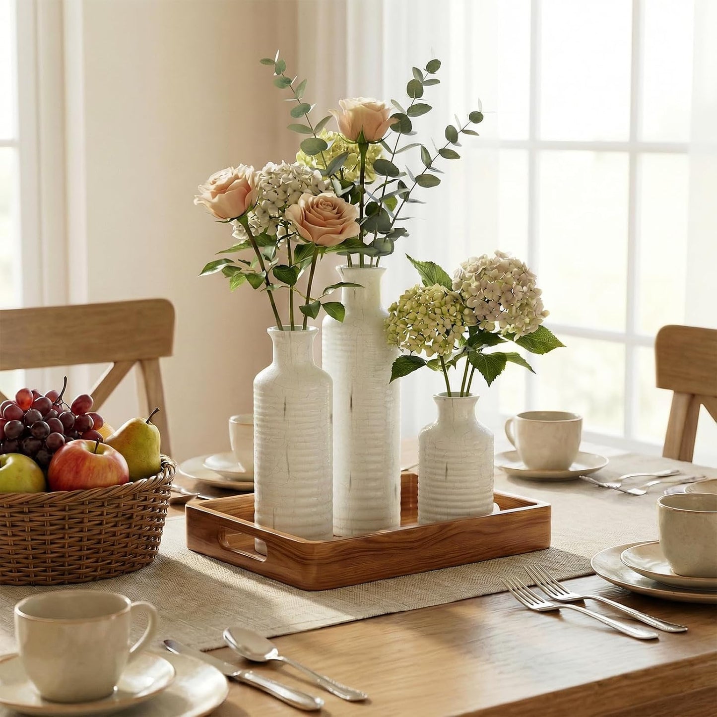 Firehold Ceramic Vase Set of 3, Rustic Farmhouse Boho Vases, Textured Country Home Decor, Small Decorative Vases for Shelves Mantel Table, Gift Set for Dried Pampas Grass & Fresh Flowers (White)