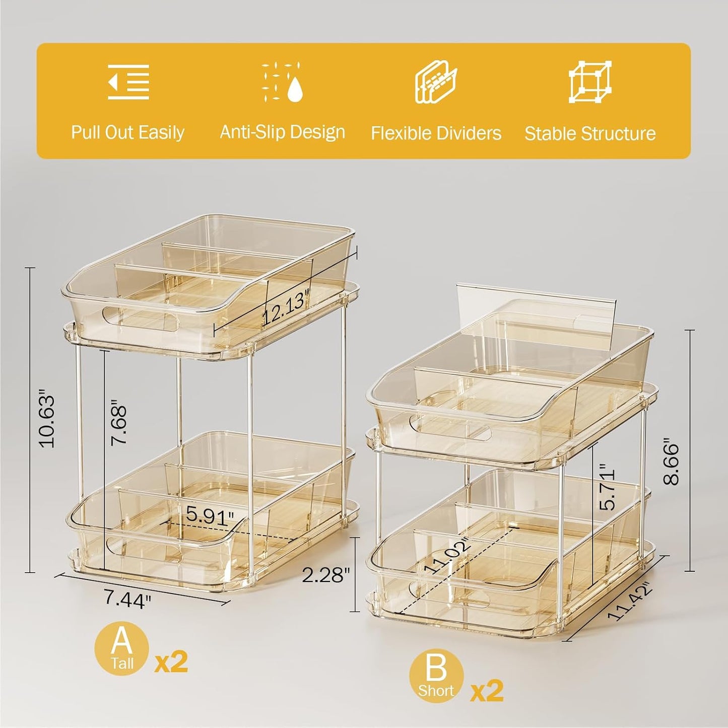 Delamu 2-Tier Under Sink Organizers and Storage, Multi-Purpose Stackable Bathroom Cabinet organizers, Pull Out Kitchen Pantry Organization and Storage with Dividers(2 Pack, Clear)