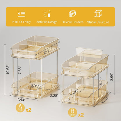 Delamu 2-Tier Under Sink Organizers and Storage, Multi-Purpose Stackable Bathroom Cabinet organizers, Pull Out Kitchen Pantry Organization and Storage with Dividers(2 Pack, Clear)