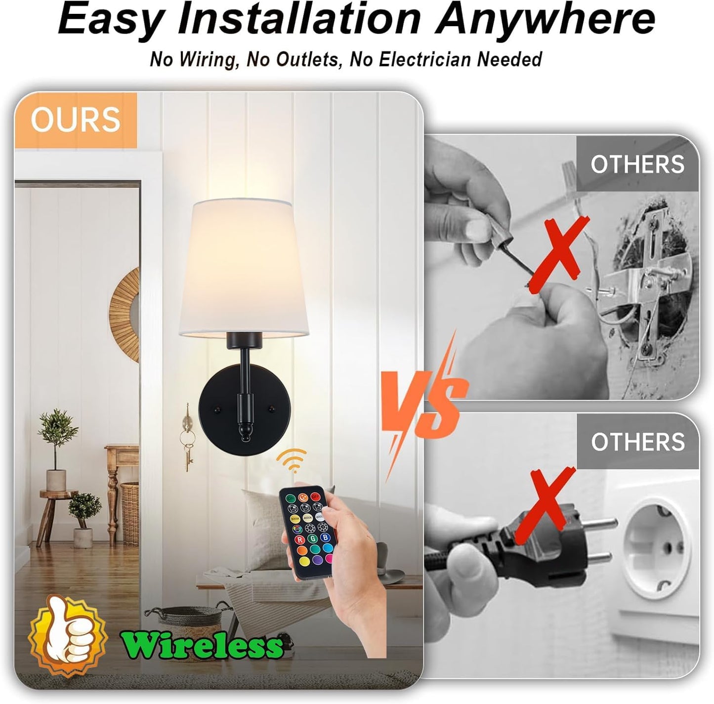 Battery Operated Wall Sconce Set of 2, Brushed Gold Rechargeable Wall Lights with Remote Control and Dimmable LED Bulbs, 13 Light Colors Wireless Wall Lamps for Bedroom Living Room Hallway (Gold)