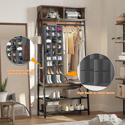 Hanging Shoe Organizer for Closet with 8 Shelves,Mesh Pockets-Wider Hanging Shelves for Shoes,Clothes,Hats with Sturdy Bamboo-Supported Design (Beige)