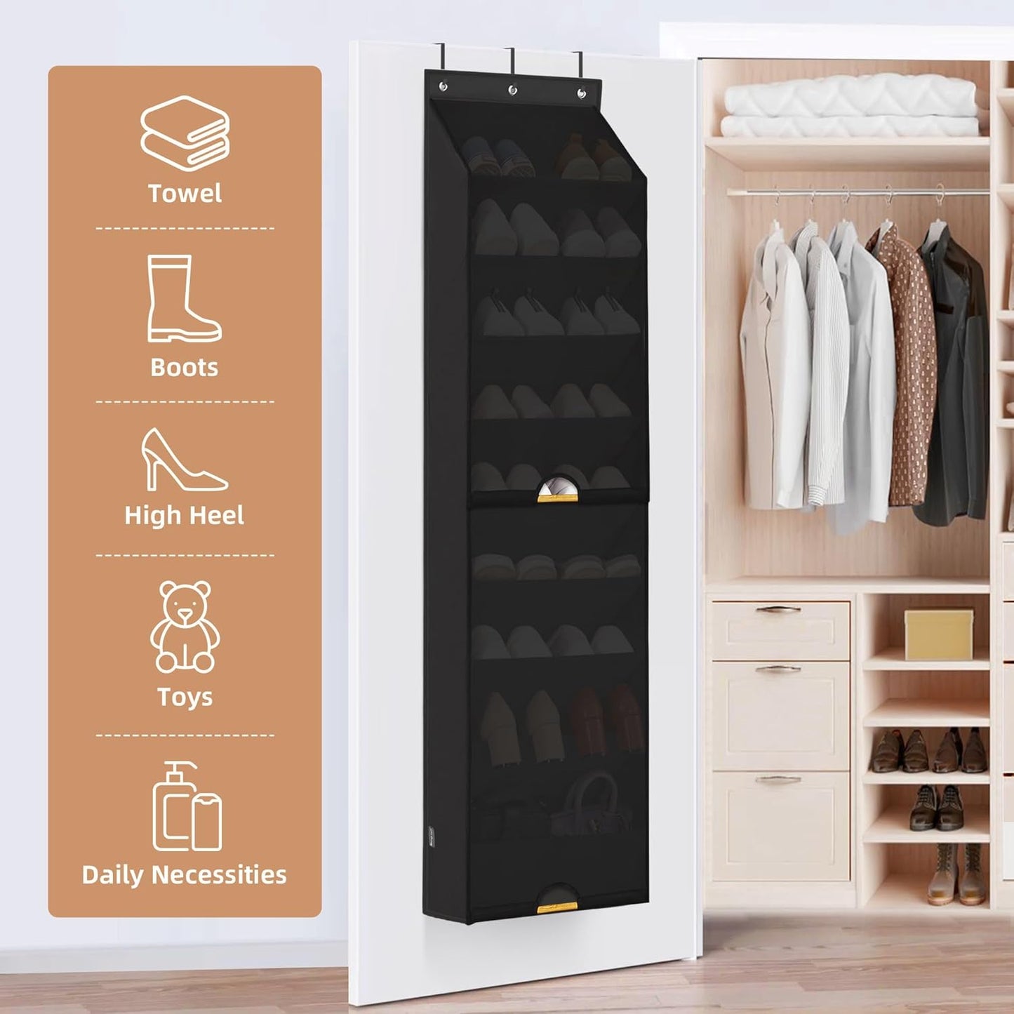 STORAGE MANIAC Over the Door Shoe Organizer with Curtain Dustproof Heavy-Duty Large Deep Pocket Hanging Shoe Organizer for Closet Dorm & Narrow Door Storage Shoe Holder Shoe Rack, 9-Shelf Beige 1 Pack