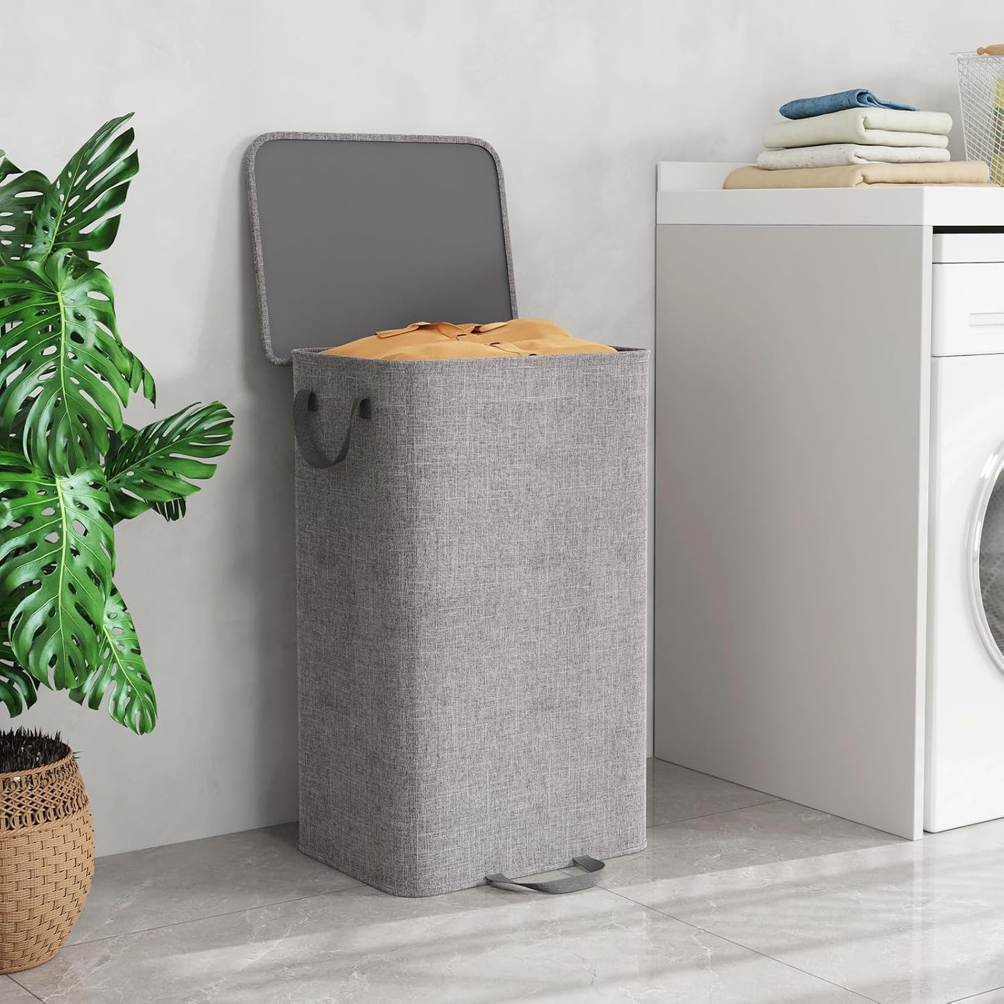 Lifewit Double Laundry Hamper with Lid and Removable Laundry Bags, Large Collapsible 2 Dividers Dirty Clothes Basket with Handles for Bedroom Laundry Room Closet Bathroom College, 136L Beige