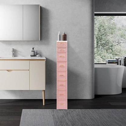 8 Drawers Narrow Storage Cabinet with Wheels,Slim Floor Cabinets,Rolling Organizer Cart for Small Spaces,Pink
