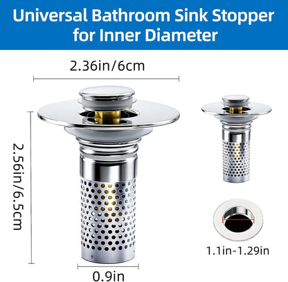 Bathroom Sink Drain Strainer, Pop-up Sink Drain Strainer with Removable Stainless Basket Hair Catcher, Bathroom Sink Stopper,1 Pack