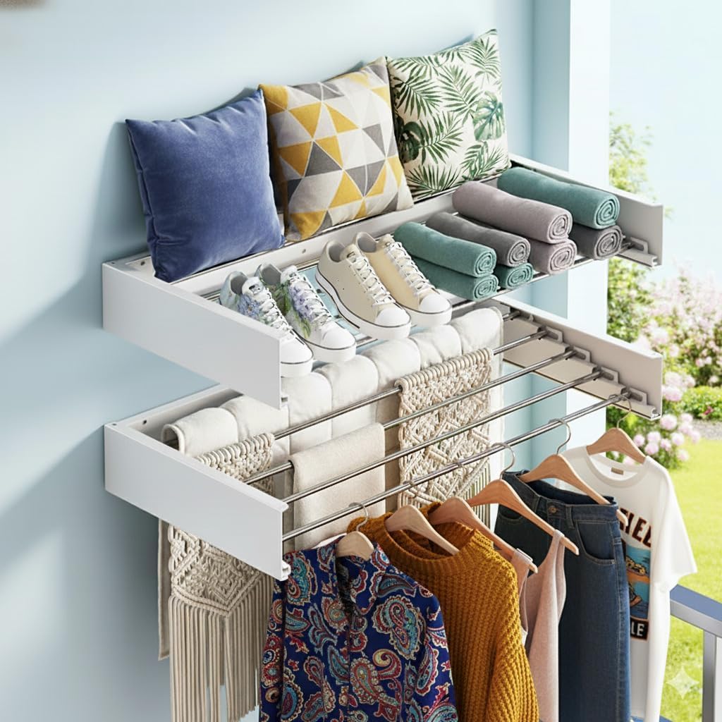 Wall Mounted Clothes Drying Rack Foldable 31.5" Laundry Room Space Saving | Heavy Duty 60 lb Load Drying Rack for Towels, t-Shirt, Jacket & DelicateClothes for Apartment, Bathroom, Laundry Room & RV