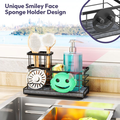 SWTYMIKI Sponge Holder for Kitchen Sink - Sink Caddy with Brush Holder and Stainless Steel Self Drain Tray, Sponge Caddy Organizer with Divider Kitchen Accessories Storage for Countertop, Black