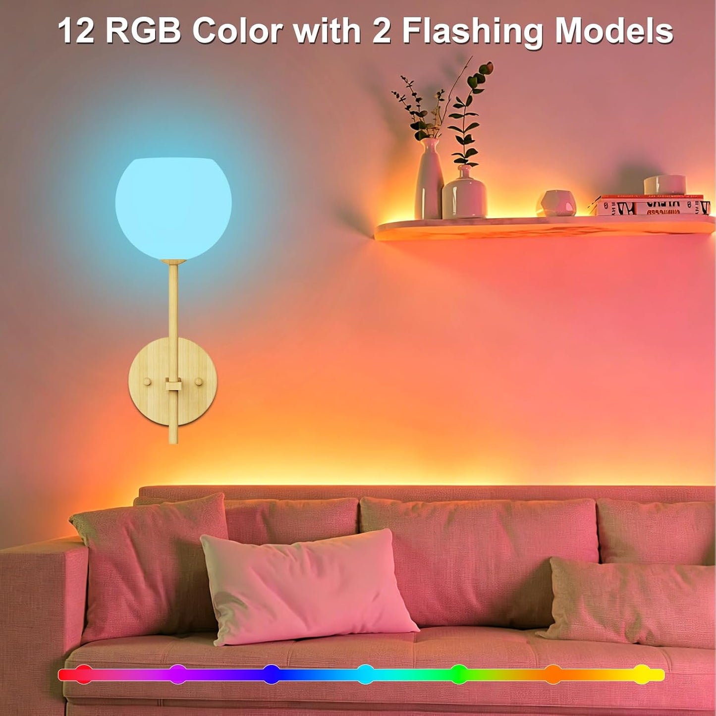 Brass Battery Operated Wall Sconces Set of 2, Rechargeable Wireless Wall Lights with Milky White Frosted Glass, 12 RGB and 3CCT Dimmable, Wall Lamps with Remote for Bedroom Living Room Hallway