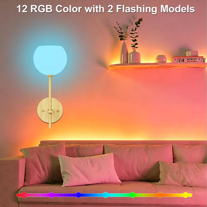 Brass Battery Operated Wall Sconces Set of 2, Rechargeable Wireless Wall Lights with Milky White Frosted Glass, 12 RGB and 3CCT Dimmable, Wall Lamps with Remote for Bedroom Living Room Hallway