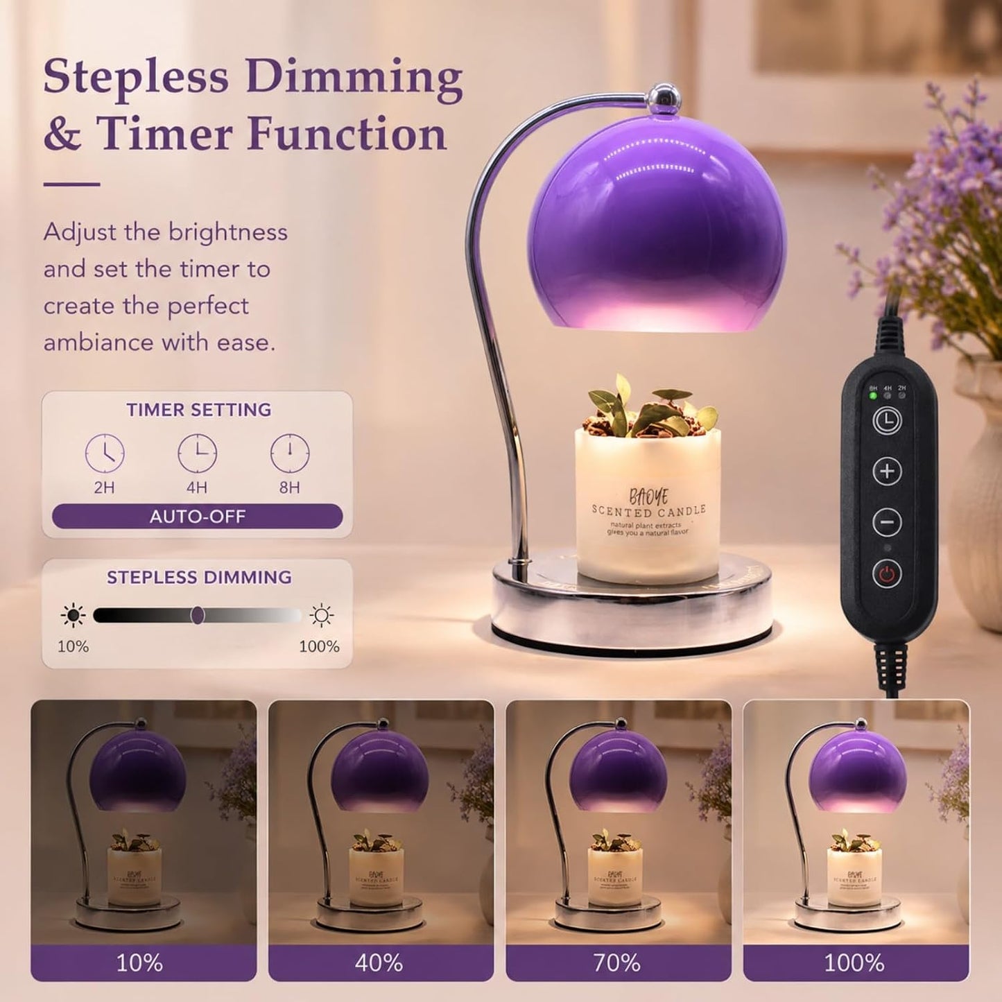 Candle Lamp Warmer, Wide Base Scented Candle Warmer with Timer and Dimmer, Modern Candle Melting Lattern, Home Decor Table Lamp (Silver)