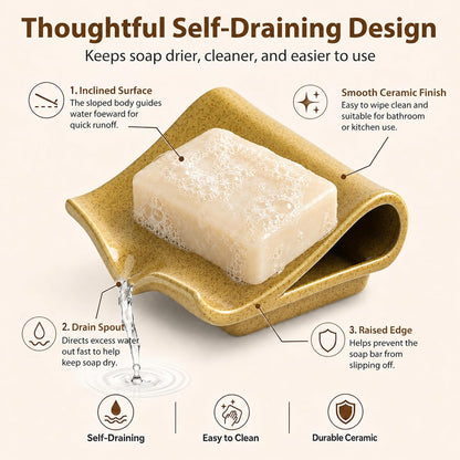 Zoeeker Self-Draining Soap Dish, Ceramic Soap Holder with Drain Spout Waterfall Drying Tray for Shower Bathroom Kitchen Sink Bathtub, Keep Soap Bars Dry, Blue