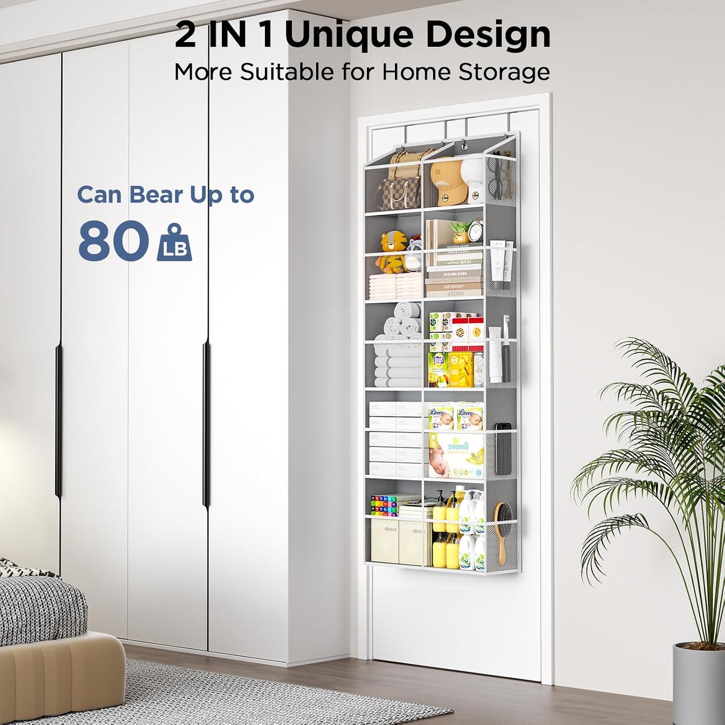 PureSpace 5-Tier Over the Door Organizer, 10 Side Mesh Pockets & Clear Windows, 80LBS Heavy Duty Hanging Storage for Baby Diapers, Shoes, Toys – Ideal for Nursery, Bathroom, Bedroom, Pantry (Grey)