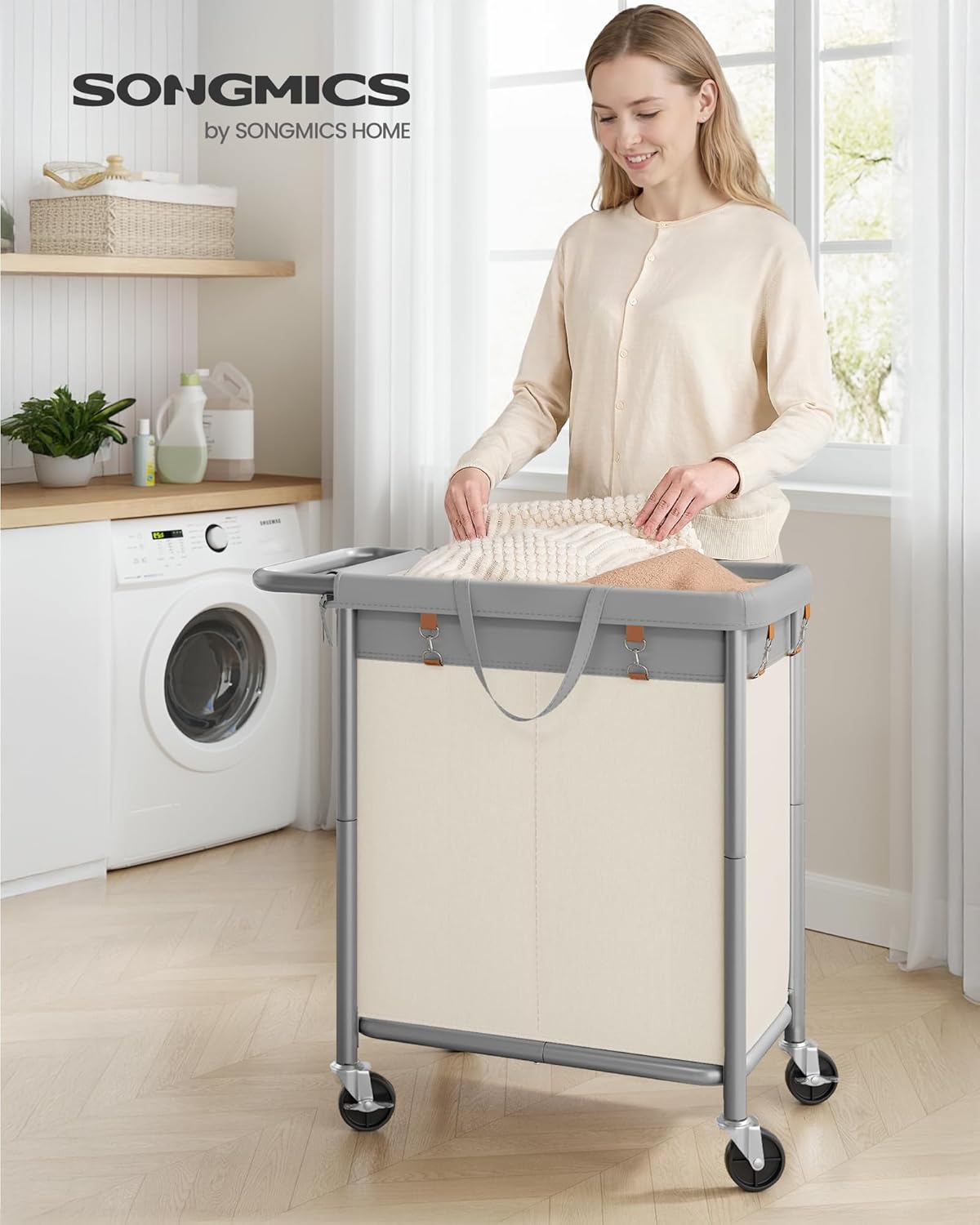 SONGMICS Laundry Basket with Wheels, 3-Section Rolling Laundry Hamper, 52.8 Gallons (200 L), Removable Liner, Steel Frame with Handle, 35.8 x 15.4 x 31.9 Inches, Cream White URLS005W01