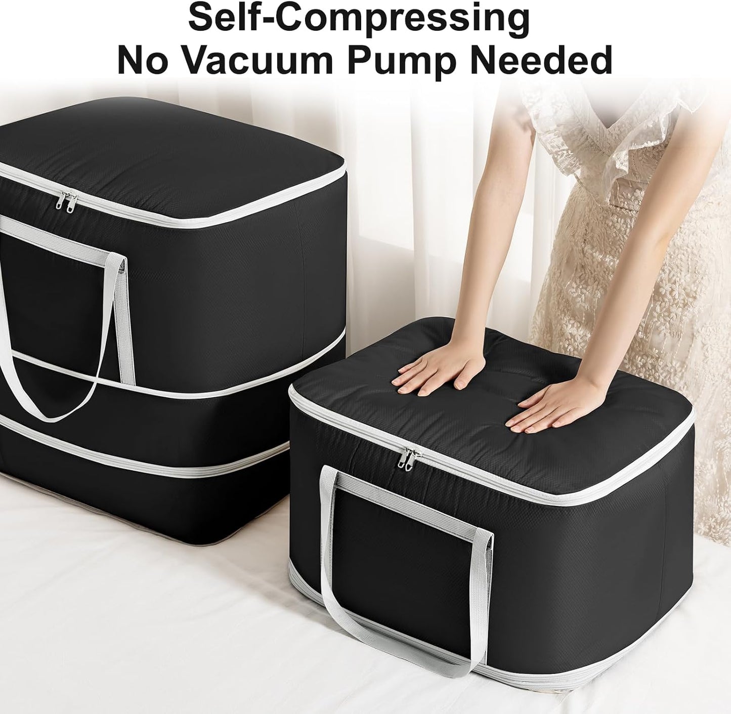 Comforter Storage Bag - 130L Large Capacity Blanket Storage Bags 4-Layer Ultra Space Saving Self Compression Organizer, Washable Compression Bags for Storage Comforter Blanket, 2-Pack, Beige