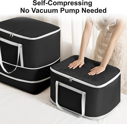 Comforter Storage Bag - 130L Large Capacity Blanket Storage Bags 4-Layer Ultra Space Saving Self Compression Organizer, Washable Compression Bags for Storage Comforter Blanket, 2-Pack, Beige