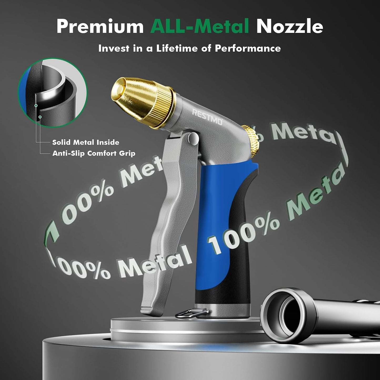 RESTMO Metal Water Hose Nozzle, Heavy Duty Garden Hose Sprayer for Outdoor | Adjustable Brass Spray Head, 4 Watering Patterns, Jet | Mist | Cone | Full, Leak-proof, Ideal for Lawn & Plant & Car, Green