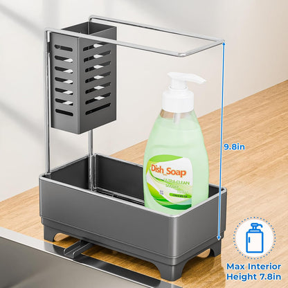 Kitchen Sink Caddy with Stainless Steel Towel Holder, Handy Sponge Holder for Kitchen Sink with Extending Drain Spout, No-Tool Assembly Space Saver for sink Countertop Accessories(Gray)