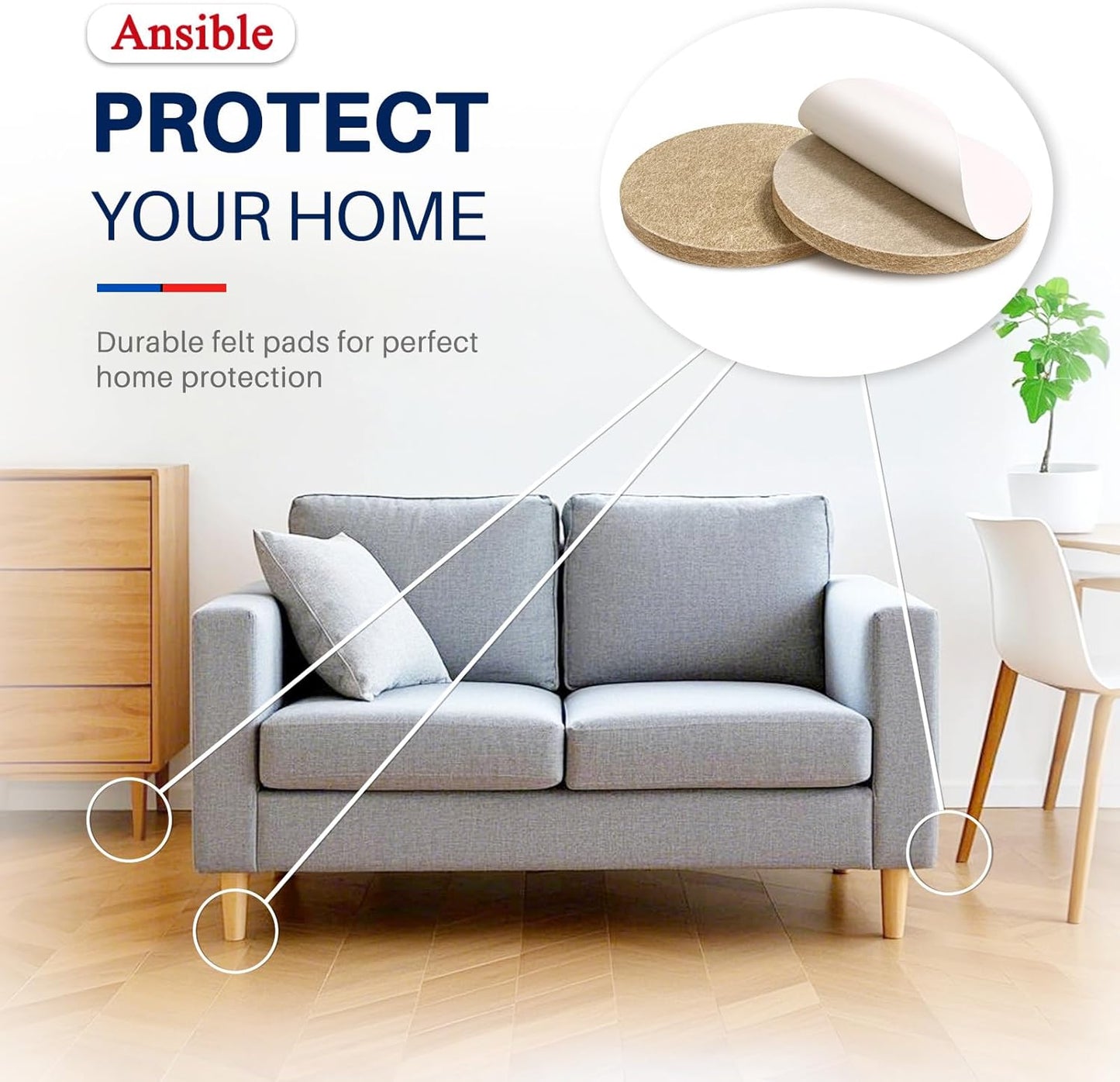 Ansible 60 PCS Felt Furniture Pads 1", Felt Pads for Chair Leg Floor Protectors for Hardwood Floors Round (Beige)