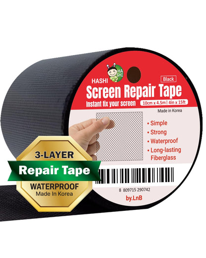 HA SHI Screen Repair Kit for Windows or Doors (2" x 6.5FT, Black) 3-Layer Strong Adhesive Tape, Made in Korea, Ease-Installation Fiberglass Covering Mesh
