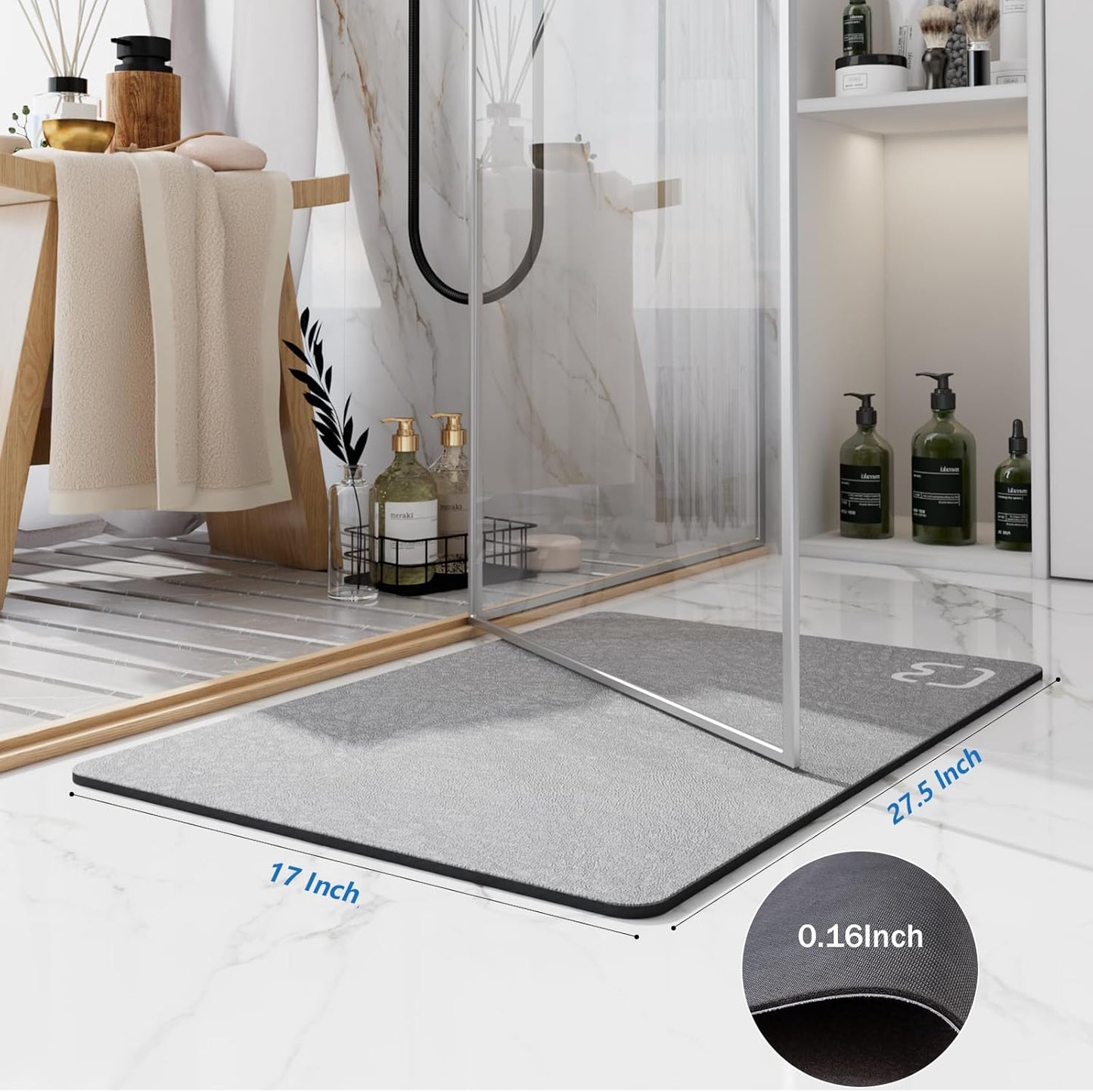 Diatomaceous Earth Bath Mat Rugs Super Absorbent Diatomite Stone Bath Mat Non Slip Quick Dry Thin Bathroom Mat Fit Under Door, Floor Rugs in Front of Bathtub, Shower Room, Sink,15.7"x23.6", Grey