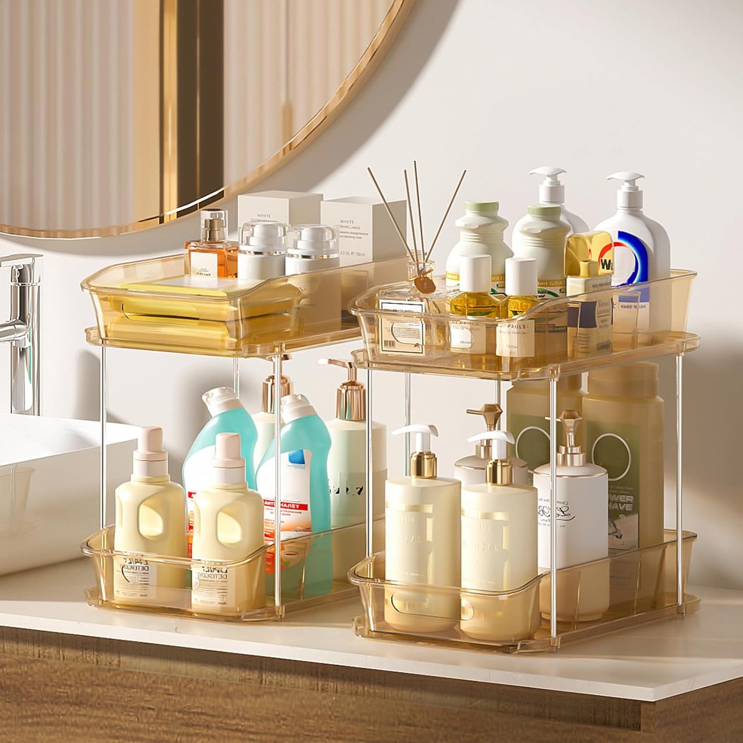Delamu 2-Tier Under Sink Organizers and Storage, Multi-Purpose Stackable Bathroom Cabinet organizers, Pull Out Kitchen Pantry Organization and Storage with Dividers(2 Pack, Clear)