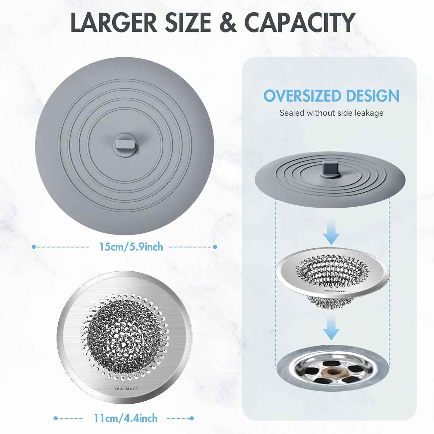 TRAPMATE Shower Drain Hair Catcher, 4.4" Easy Clean Bathtub Drain Hair Catcher, Anti-Slip Bath Tub Drain Protector, Upgraded 304 Stainless Steel Shower Sink Drain Cover for Bathroom (Patented Product)