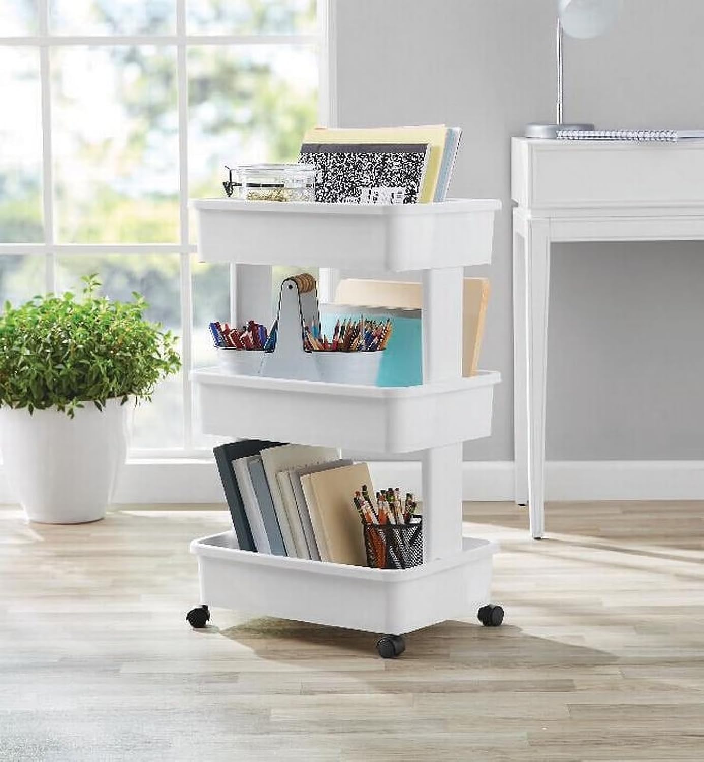 3-Tier Plastic Rolling Laundry Cart, Arctic White, Slim Slide Out Utility Storage Trolley with Lockable Wheels, Space Saving Organizer for Laundry Room, Bathroom, Narrow Gap, Bedroom
