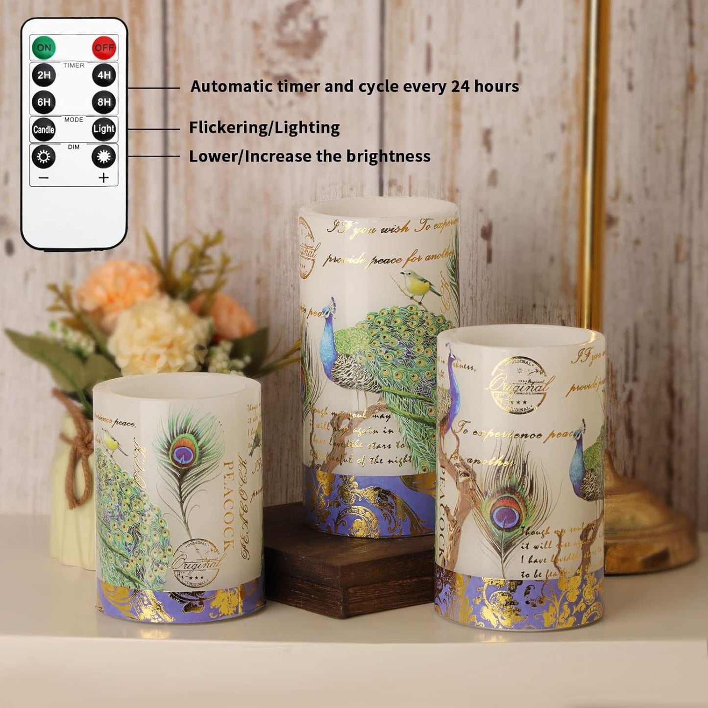 Glass Flameless Candles Flickering Battery Operated LED Pillar Candles Set of 3 with Timer and and 10-Key Remote Green Branch Floral Spring Summer Theme for Wedding Festival Home Decoration