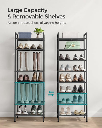 SONGMICS Metal Shoe Rack, Free Standing Shoe Organizer for Entryway Closet Garage Small Spaces, Heavy-Duty Slim Steel Storage Shelf, 8-Tier, Fits 16-24 Pairs, Bronze ULMR028A01