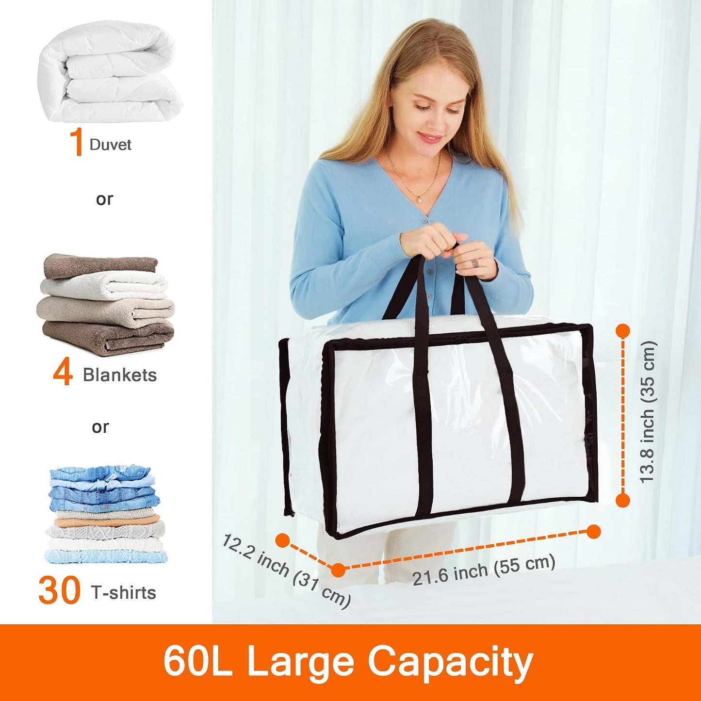 Vieshful 3 Pack Clear Clothes Storage Bag, 40L Plastic Blanket Storage Bag with Zipper, Foldable Closet Organizer, Moving bags for Comforter, Blanket, Bedding, Duvet, Toys