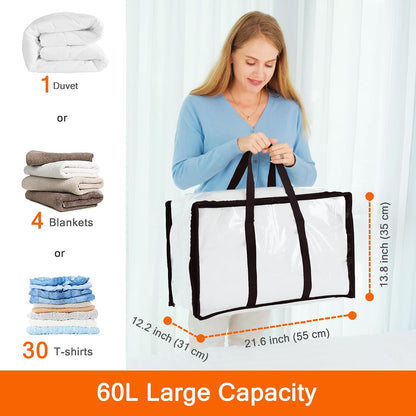 Vieshful 3 Pack Clear Clothes Storage Bag, 40L Plastic Blanket Storage Bag with Zipper, Foldable Closet Organizer, Moving bags for Comforter, Blanket, Bedding, Duvet, Toys