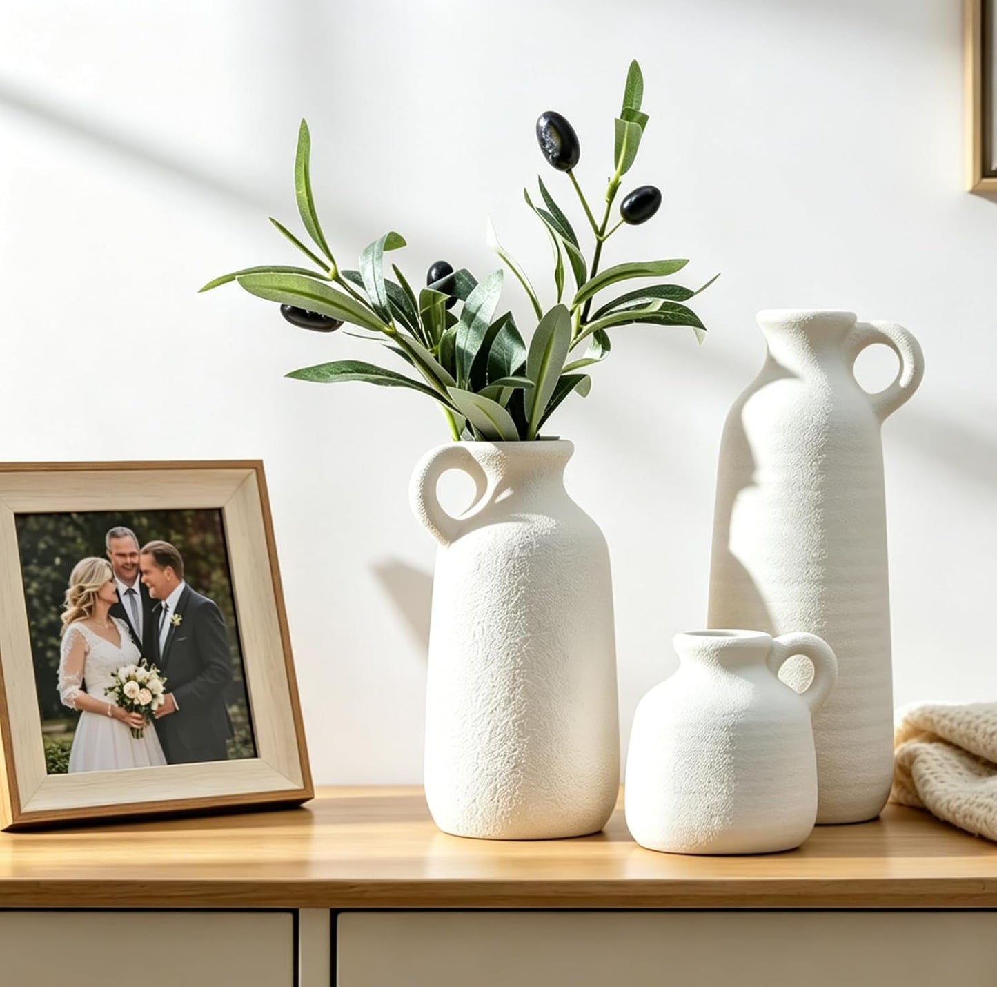 CUCUMI Ceramic Vase Set of 5, Home Decor Farmhouse Décor Handmade Pottery Vases for Pampas Grass, Dried Fresh Flowers, Table, Living Room, Kitchen, Shelf, Entryway Mantel Neutral Tones