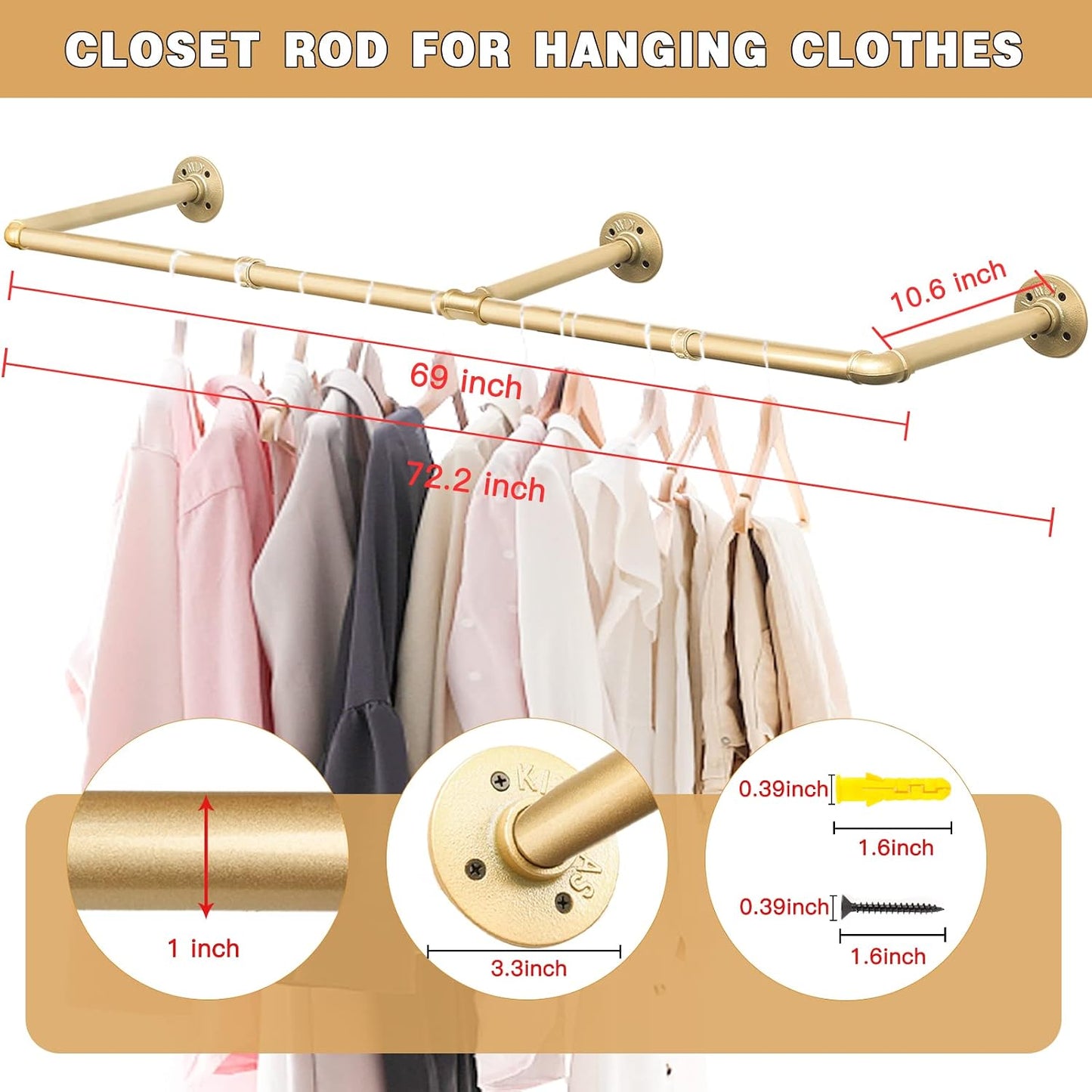 Gold Wall Mount Iaundry Drying Rack - 54" Pipe Garment Rack, Portable Heavy Duty Iron Closet Hanger Rod, Modern Metal Detachable DIY Hanging Bar for Laundry Room and Closet Storage