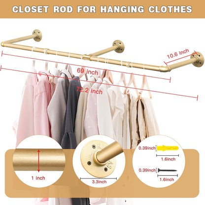 Gold Wall Mount Iaundry Drying Rack - 54" Pipe Garment Rack, Portable Heavy Duty Iron Closet Hanger Rod, Modern Metal Detachable DIY Hanging Bar for Laundry Room and Closet Storage
